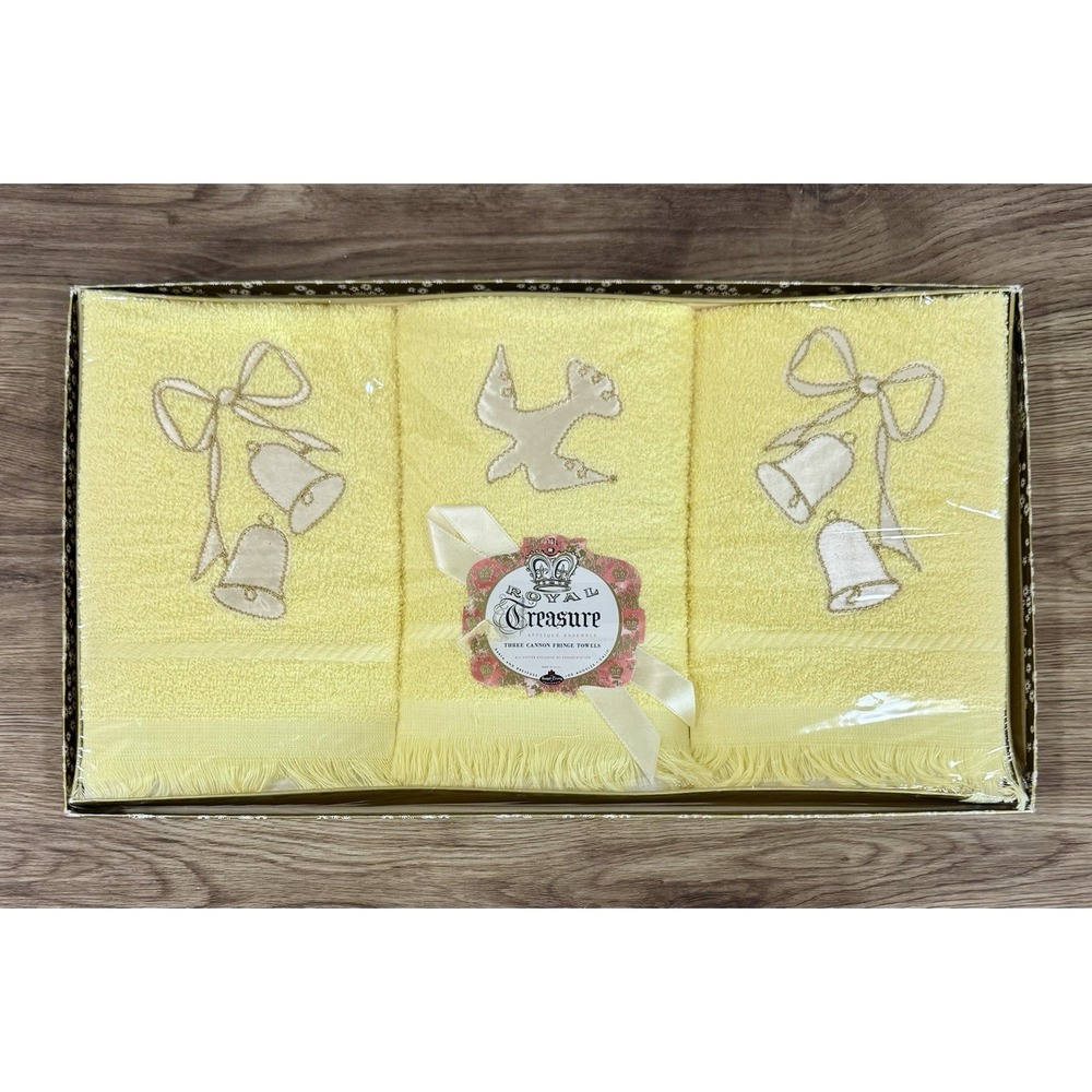NOS Vintage Cannon Yellow Hand Towels Bells Dove Wedding Gift Christmas 3 Pc USA
